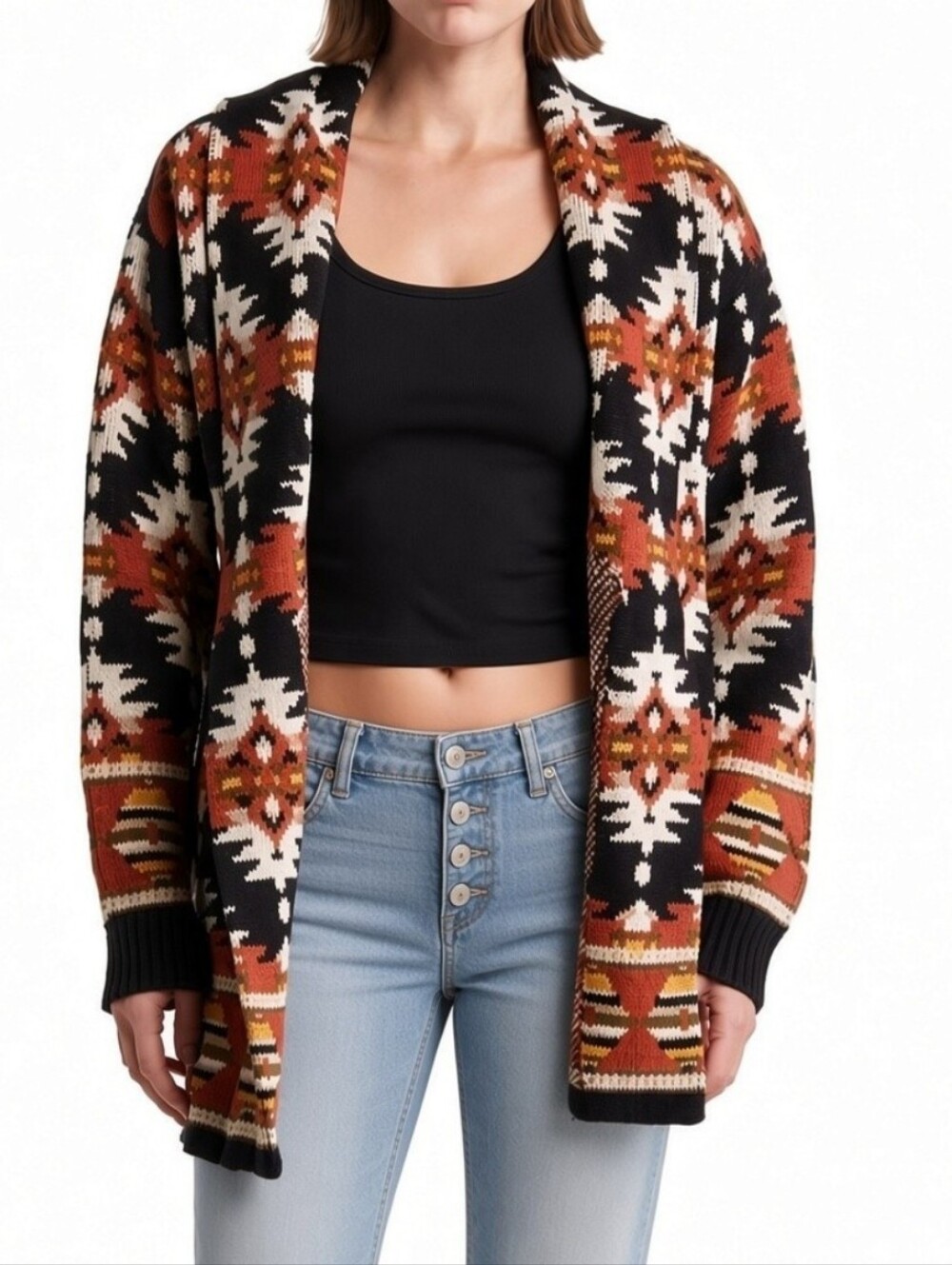 Lucky Brand Aztec Open Front Long Sleeve Knit Cardigan Fits Small Medium Large